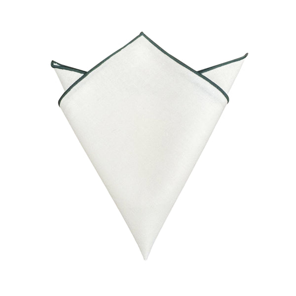 White Linen Pocket Square Dark Green Border