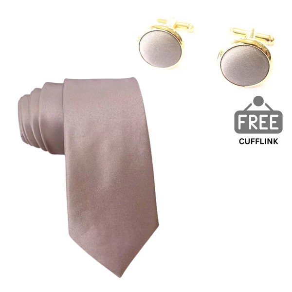 Taupe Satin Skinny Tie + FREE CUFFLINK