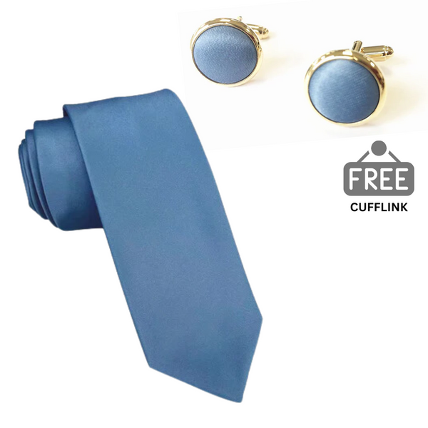 Steel Blue Satin Necktie + FREE CUFFLINK