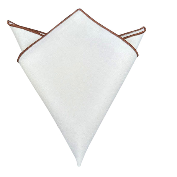 White Linen Pocket Square Brown Border