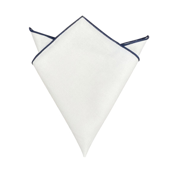 White Linen Pocket Square Navy Border