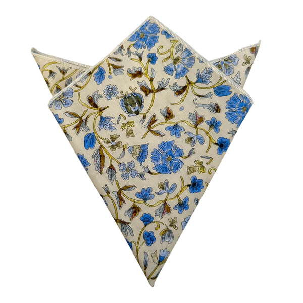 Blue Yellow Floral on Beige Pocket Square