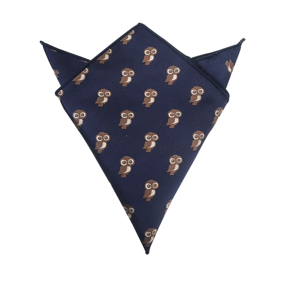 Navy Blue Brown Night Owl Pocket Square