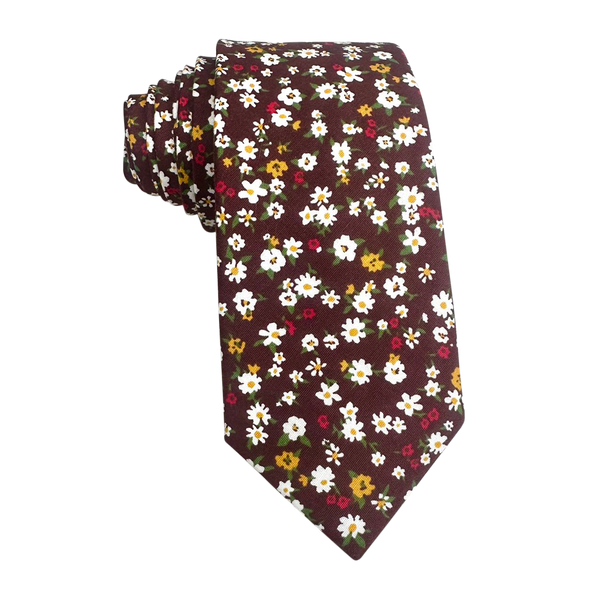 White Red Floral On Burgundy Skinny Tie