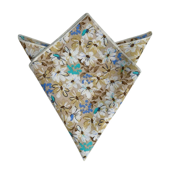 White Floral on Beige Pocket Square