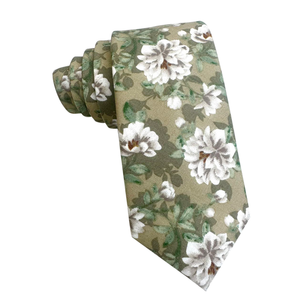 Sage Green With White Floral Skinny Tie