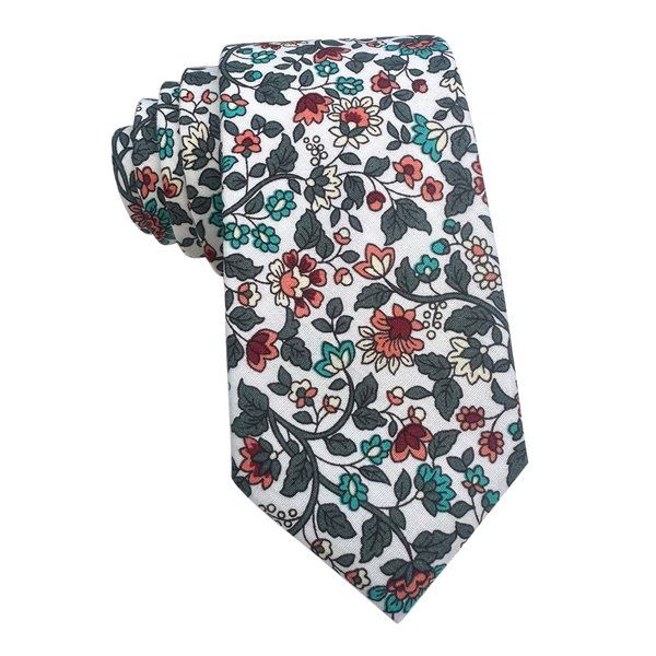 White Red Rose Floral Skinny Tie