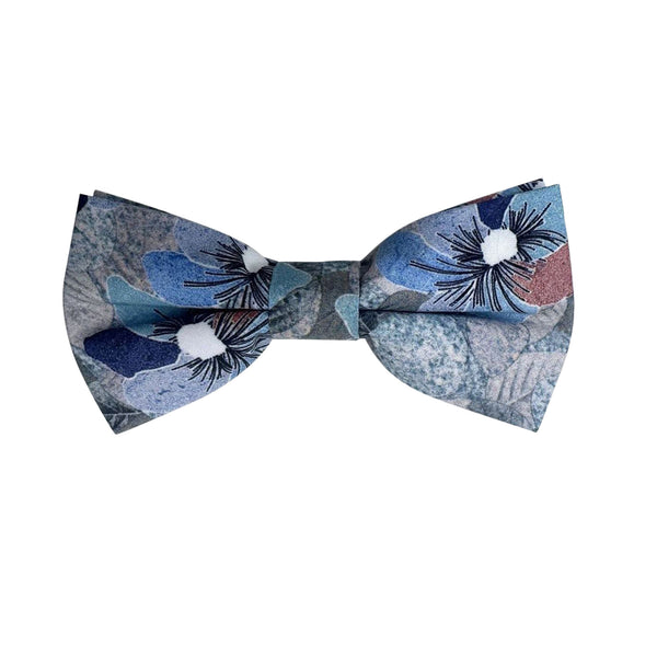 Grey Silver with Blue Floral Pre-tied Bow Tie