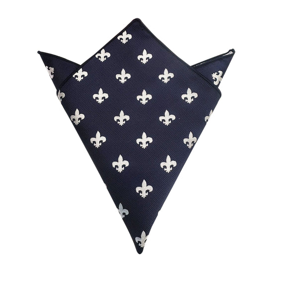 Navy Blue With White Fleur De Lis Pocket Square