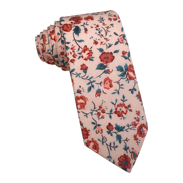 Peach Red Rose Floral Skinny Tie