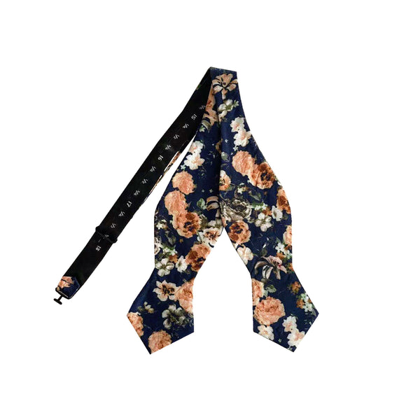 Navy Peach Floral Self-tied Tip Bow Tie