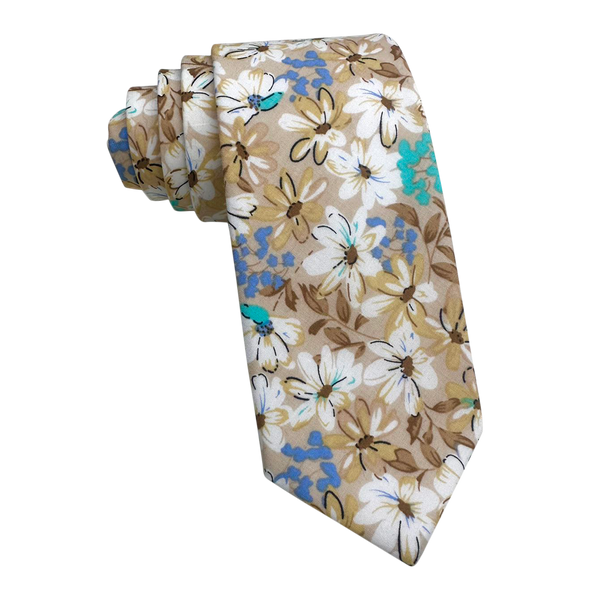 White Floral on Beige Skinny Tie