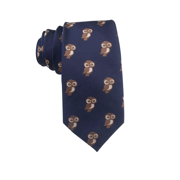 Navy Blue Brown Night Owl Skinny Tie