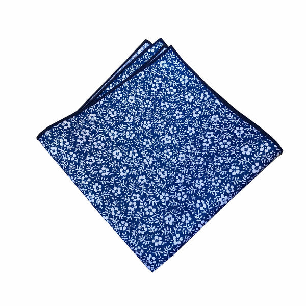 White Floral on Blue Pocket Square