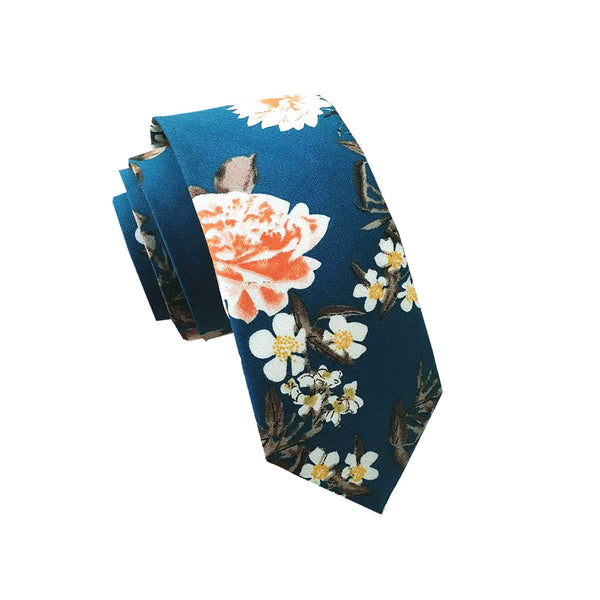 Ocean Blue Cotton Floral Skinny Tie