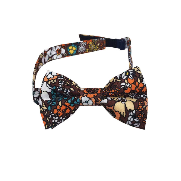 Orange Floral On Brown Kids Bow Tie