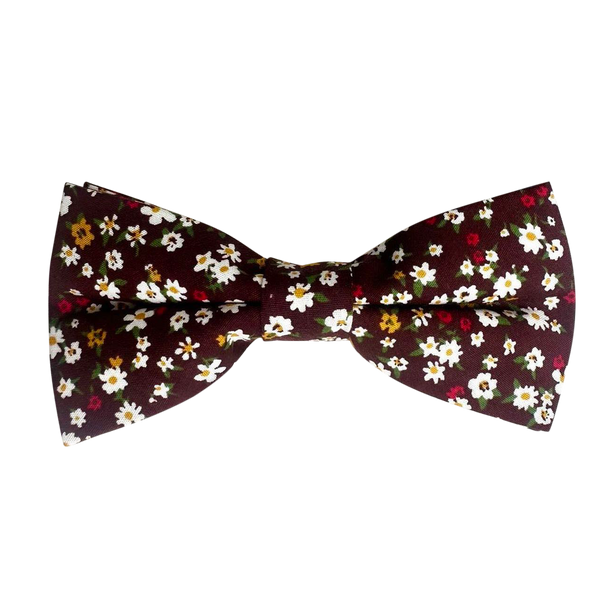 White Red Floral On Burgundy Pre-tied Bow Tie