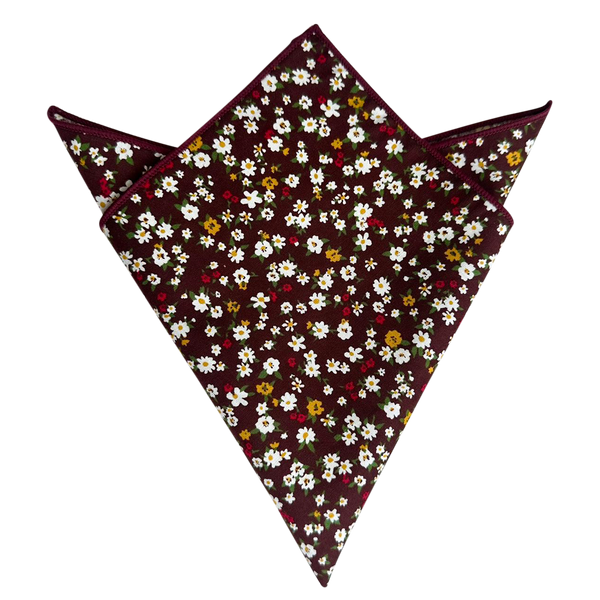 White Red Floral On Burgundy Pocket Square