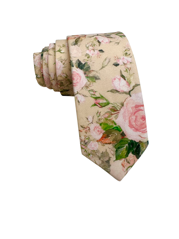 Peach Floral on Beige Skinny Tie