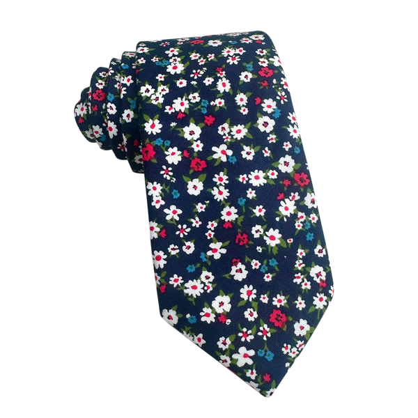 White Red Floral On Navy Blue Skinny Tie