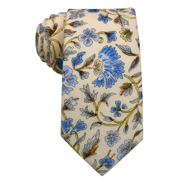 Blue Yellow Floral on Beige Skinny Tie