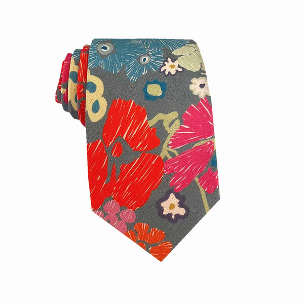 Dusty Blue with Red & Pink Floral Necktie