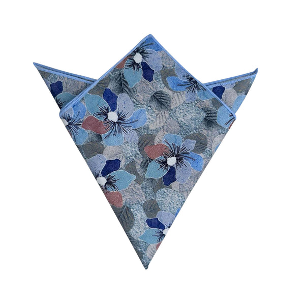 Grey Silver with Blue Floral Pocket Square