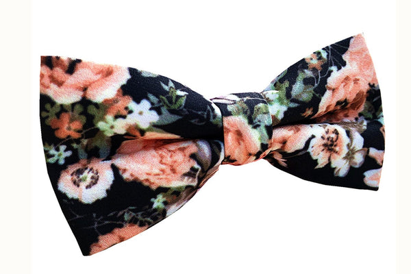 Peach Floral On Black Pre-tied Bow Tie