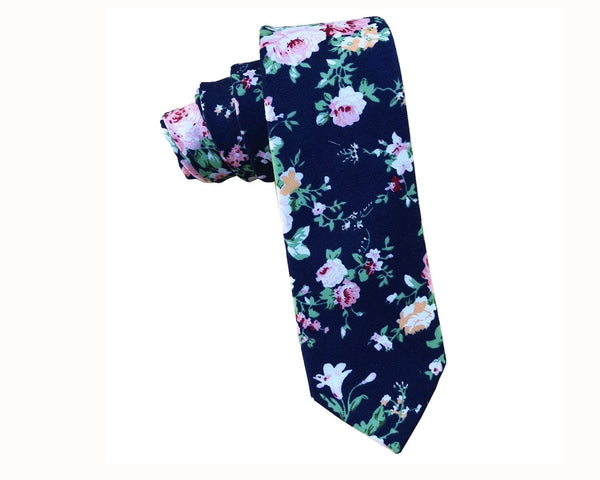 Navy Blue on Pink White Floral Skinny Tie