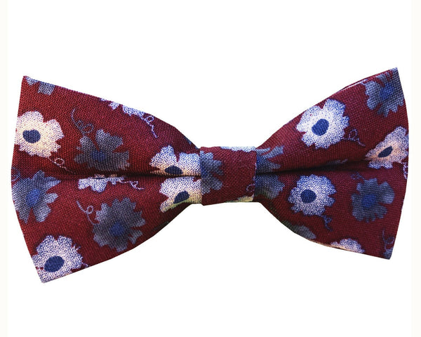 Blue White Floral on Burgundy Pre-tied Bow Tie