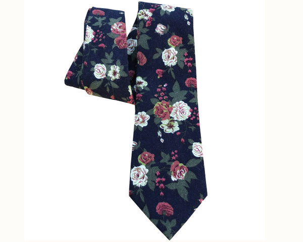 Navy Blue with White Rose Floral Skinny Tie