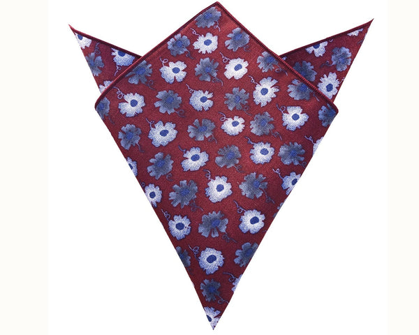 Blue White Floral on Burgundy Pocket Square