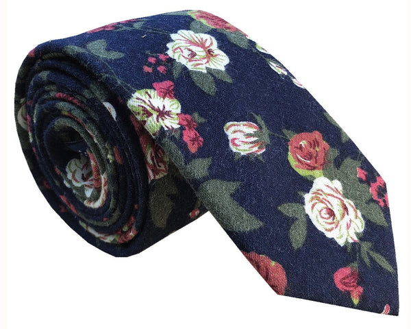 Navy Blue with White Rose Floral Necktie