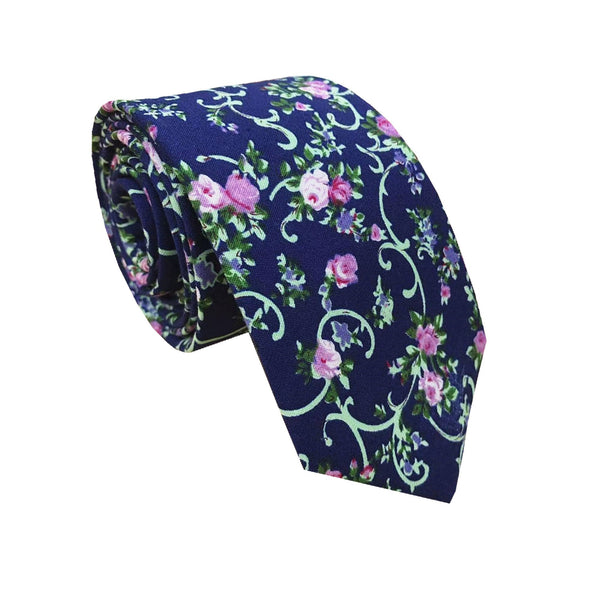 Navy with Green String Purple Floral Skinny Tie