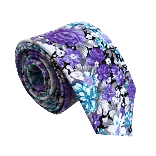 Purple Teal Green Floral Skinny Tie