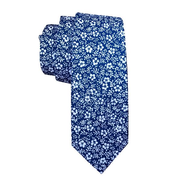 White Floral on Blue Skinny Tie