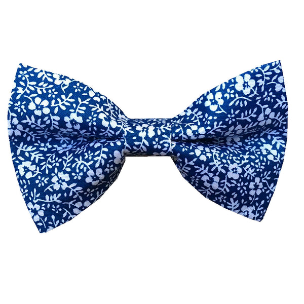 White Floral on Blue Pre-tied Bow Tie