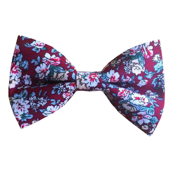 White Floral on Burgundy Pre-tied Bow Tie