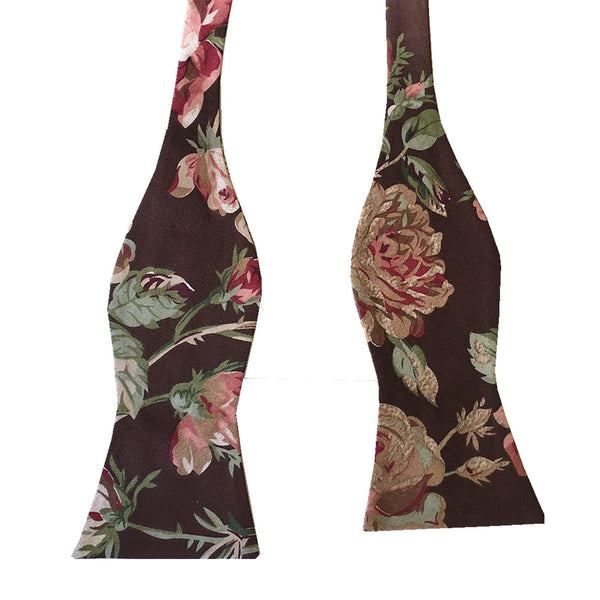 Rose Floral on Brown Cotton Self-tied Bow Tie