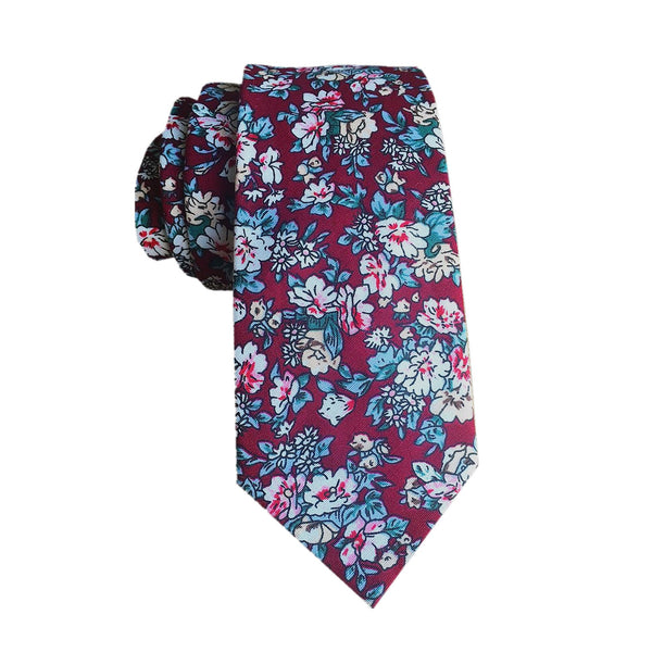 White Floral on Burgundy Skinny Tie