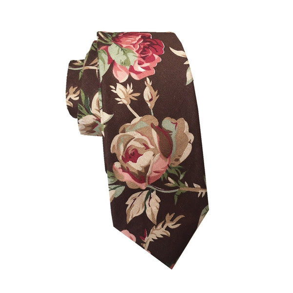 Rose Floral on Brown Cotton Skinny Tie