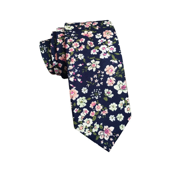 Navy Blue Peach Floral Skinny Tie