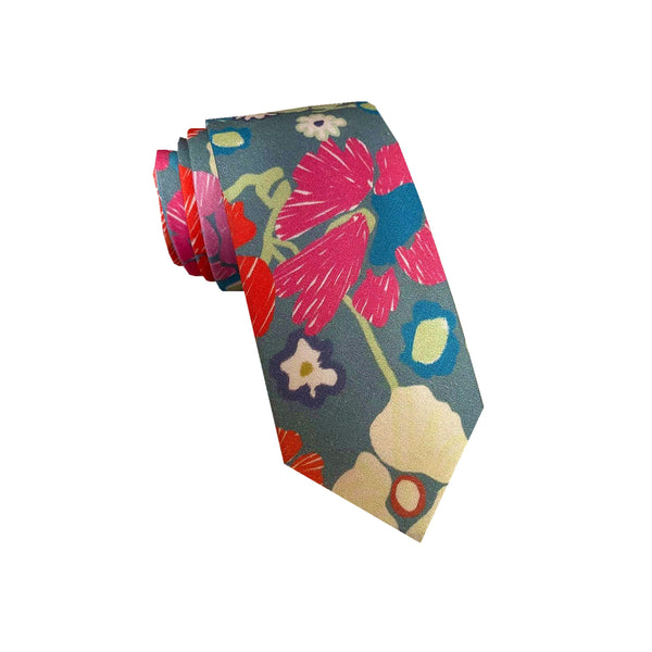 Dusty Blue with Red & Pink Floral Skinny Tie