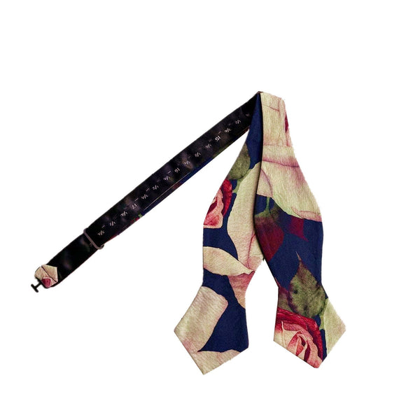 Navy with Burgundy and Cream Floral Self-tied Tip Bow Tie