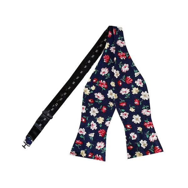 Navy Blue with Wine Red Floral Self-tied Bow Tie