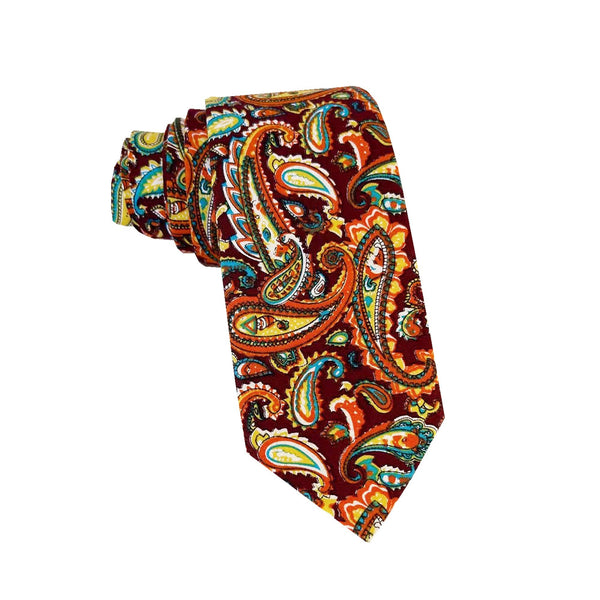 Brown Yellow Paisley Cotton Skinny Tie