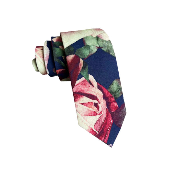 Navy with Burgundy and Cream Floral Skinny Tie