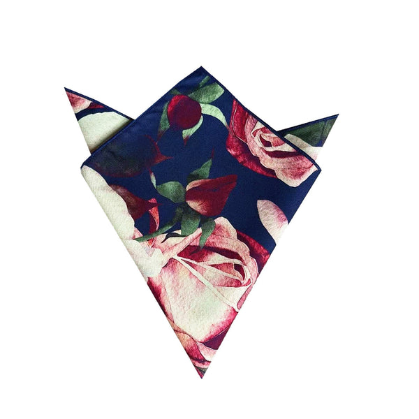 Navy with Burgundy and Cream Floral Pocket Square