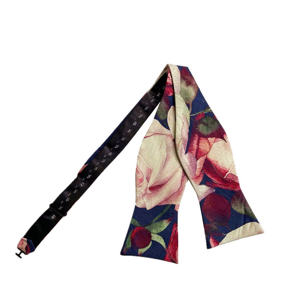 Navy with Burgundy and Cream Floral Self-tied Bow Tie