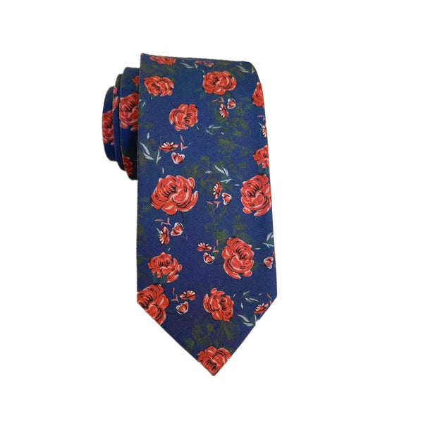 Terracotta Floral On Navy Skinny Tie